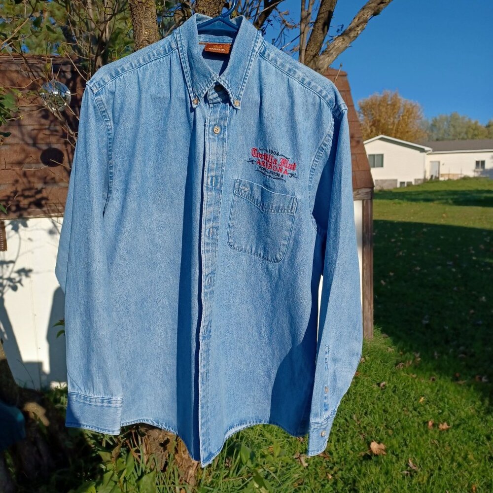 Vintage 90s Tortilla Flats Arizona Logo Blue Denim Shirt Men's XL Harrington